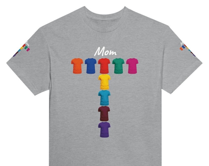Tee shirt with different color T shirts on it and the word Mom. design on both sleeves  t-shirt, tee shirt, tee-shirt . unisex Crewneck