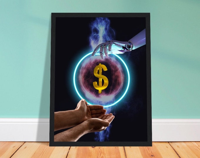 Wall art with black hands of AI version of dollar sign, wall art, lobby print, gallery art. Premium Matte Paper Wooden Framed Poster