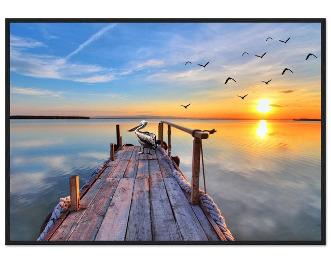 Wall gallery with birds and sunset on the pier, Classic Semi-Glossy Paper Wooden Framed Poster