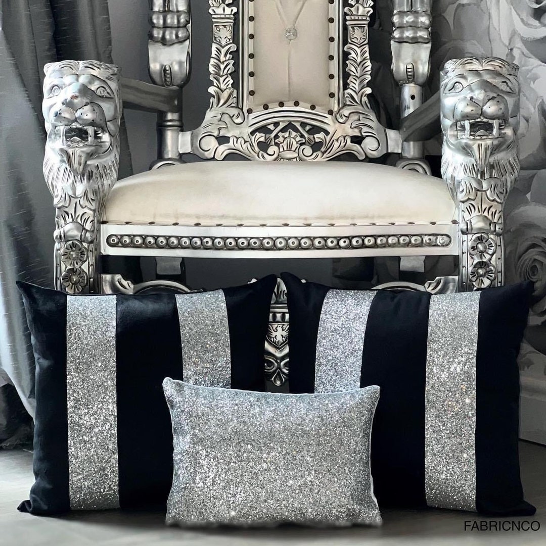 Black and Silver Plush Velvet Glitter Cushion Cover Set, Glitter