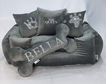 Personalised Pet Dog Bed Cat Bed With All Cushions – Grey