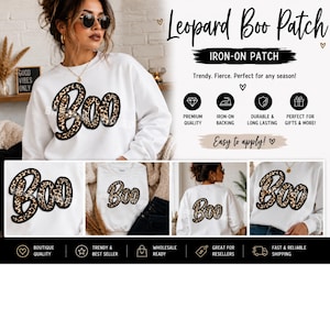 Leopard Boo Patch | Adult Halloween Iron On Patch | Animal Print Boo Applique | Large Sweatshirt Patch | Halloween Shirt Patch