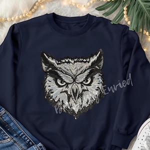 May include: Navy blue sweatshirt featuring a detailed sequined owl design. The owl has black and silver sequins, with a stern expression. The word "Envied" is written on the sleeve. The sweatshirt is paired with blue jeans and white sneakers.