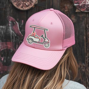Hat Patch Golf Cart Pink /White Sequins Iron On  (3.75"W x 3.5"H)