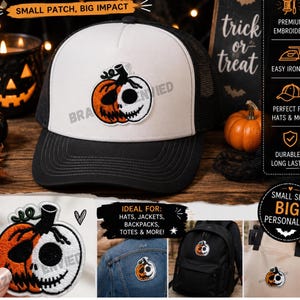 Halloween Pumpkin Skull Hat Patch | Small Embroidered Iron On Patch | Jack O Lantern Skull Applique | Spooky Trucker Hat Patch