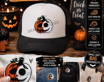 Halloween Pumpkin Skull Hat Patch | Small Embroidered Iron On Patch | Jack O Lantern Skull Applique | Spooky Trucker Hat Patch