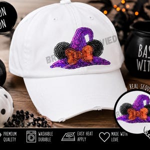 Halloween Witch Hat Sequin Patch | Mouse Ear Bow Iron On Applique | Purple Orange Pocket Patch | Spooky Sweatshirt Patch