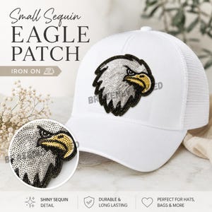 Sequin Eagle Patch @ 3.75 Inch, Bald Eagle Iron On Patch, Sparkly Eagle Hat Patch, Patriotic Appliqué for Trucker Hat, Jacket or Bag