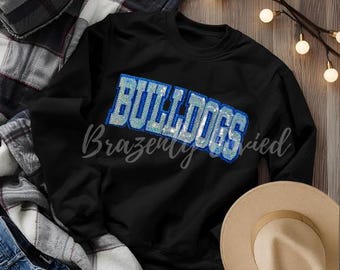 Bulldog Patch Sequins Bulldogs Block WORD with Royal Blue Backing Iron On