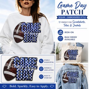 Game Day Patch | Sequins Football Iron On Checkerboard Patch-BLUE