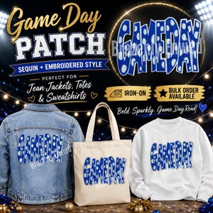 GAMEDAY Royal Blue Polka Dot Patch | Blue Sequin Game Day Patch | Iron-On Football Patch | School Spirit Sports Apparel | Sports Patch