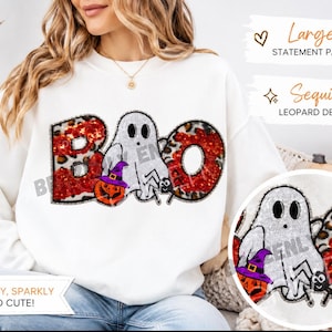 BOO Ghost Sequin Patch, Large Halloween Iron On Patch, Leopard Print Ghost Appliqué, Sparkly Sweatshirt Patch, Spooky Boutique Patch