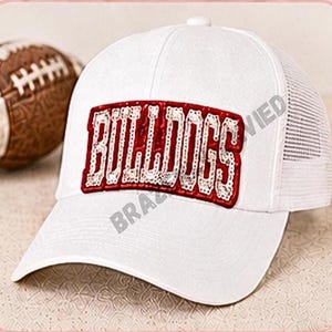 Bulldogs Patch - Mascot Iron On Applique -Silver Sequins Block Letter with Red Glitter Backing-@ 2.5 H x 4 W