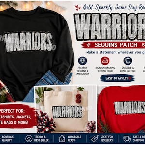 Warriors  Patch | Silver Sequins with Black Glitter Backing (@11.25"W x 5.75"H )
