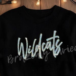 WILDCATS Patch| Silver script Sequins with Black Glitter Backing