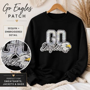Eagles Patch -Go Eagles SILVER and Black Sequins with Black Glitter Backing  Iron On