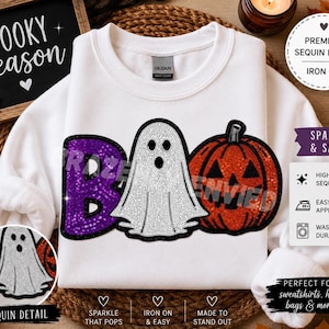 Halloween BOO Sequin Patch | Ghost Pumpkin Iron On Patch | Purple Orange Halloween Applique | Large Sweatshirt Patch | Spooky Shirt DIY
