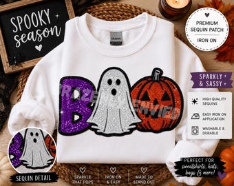 Halloween BOO Sequin Patch | Ghost Pumpkin Iron On Patch | Purple Orange Halloween Applique | Large Sweatshirt Patch | Spooky Shirt DIY