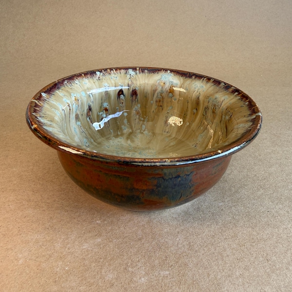 Handmade Drip-Glaze Serving Bowl – Rustic Earth & Cream Tones