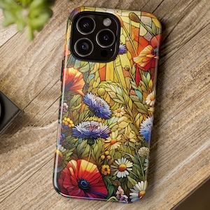 Stained Glass Effect iPhone 16 Pro Max Tough Case, Birthday Gift For Her, Colorful Wildflower Aesthetic, Trendy iPhone 11, 12, 13, 14, 15