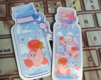 Sticker | Cute Kirby Running with Strawberry Nintendo Pastel Bottle