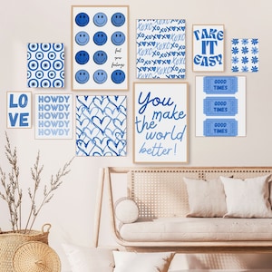 Trendy wall art collage kit - set of 24 - retro posters - blue wall art - preppy room decor - dorm room art - apartments wall art