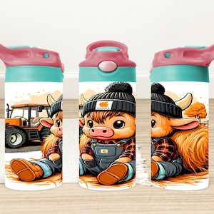 Boy Highland Cow 12oz Flip Top Sippy Cup Wrap, Highland Cow 12oz Kids Tumbler Wrap, Baby Cow and Truck 12oz Sippy Cup Png, Digital Download