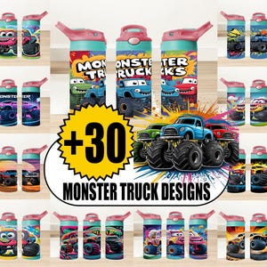 30+ Monster Truck 12 oz Sippy Cup Tumbler Wrap Bundle, Monster Truck 12 oz Flip Top Bundle, Kids Cartoon Boys Tumbler Png, Digital Download