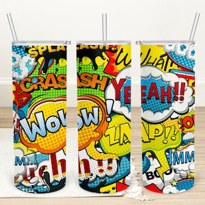 May include: Three colourful stainless steel tumblers with a comic book style design featuring words like "Wow!" "Crash!" and "Yeah!" in bold, colourful letters.