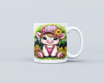 Plantilla de taza de café de 11 oz y 15 oz con linda vaca de las tierras altas, diseño de taza de 11 oz con vaca bebé PNG, envoltura de taza Country Gril para sublimación, descarga digital