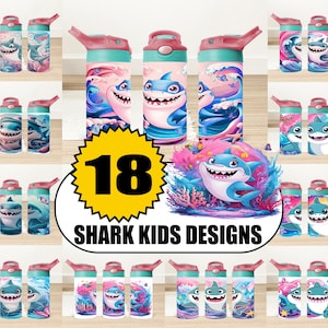 18 Cute Shark 12 oz Sippy Cup Tumbler Wrap Bundle, Cute Shark 12 oz Flip Top Bundle, Kids Cartoon Png, Boys Tumbler Wrap, Digital Download