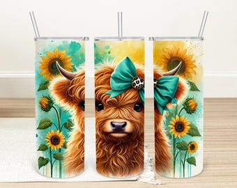 Envoltura para vaso Highland Cow Sunflowers: Vaso delgado de 20 oz (descarga digital)
