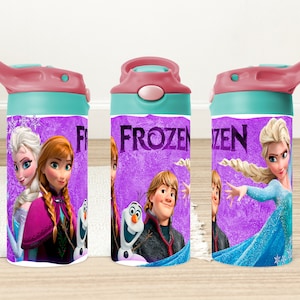 May include: Three purple and blue water bottles with a Frozen theme. The bottles feature images of Elsa, Anna, Olaf, and Kristoff. The text "FROZEN" is printed on the bottles.