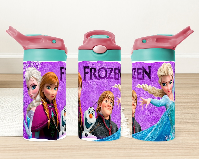 May include: Three purple and blue water bottles with a Frozen theme. The bottles feature images of Elsa, Anna, Olaf, and Kristoff. The text "FROZEN" is printed on the bottles.