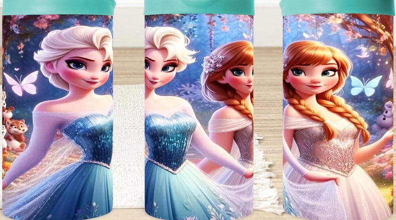 K&ouml;nnte beinhalten: Drei verschiedene Designs von isolierten Bechern mit Bildern der Disney-Charaktere Elsa und Anna aus dem Film Frozen. Die Becher sind alle t&uuml;rkisblau mit wei&szlig;em Hintergrund und zeigen die Charaktere in ihren charakteristischen Kleidern.