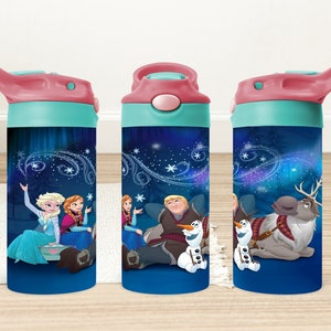 May include: Three blue and teal water bottles with pink lids and a Frozen theme. The bottles feature images of Elsa, Anna, Kristoff, Olaf, and Sven.
