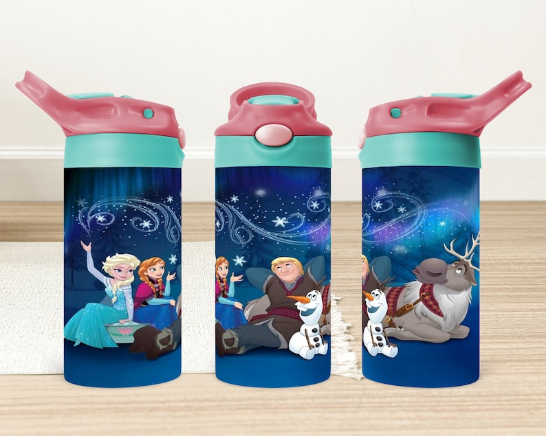 May include: Three blue and teal water bottles with pink lids and a Frozen theme. The bottles feature images of Elsa, Anna, Kristoff, Olaf, and Sven.