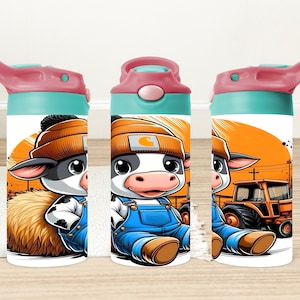 Boy Baby Cow 12oz Flip Top Sippy Cup Wrap, Highland Cow 12oz Kids Tumbler Wrap, Highland Cow and Truck 12oz Sippy Cup Png, Digital Download
