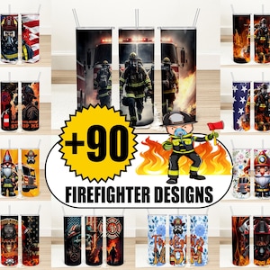 May include: Over 90 firefighter themed tumbler designs. The tumblers feature a variety of designs, including firefighters, fire trucks, and fire hydrants. The tumblers are all in different colors and styles.