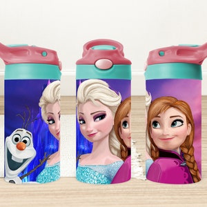 May include: Three reusable water bottles with a pink lid and a blue and purple design featuring characters from the movie Frozen. The bottles feature Elsa, Anna, and Olaf.