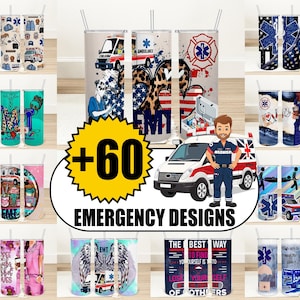 May include: A collection of 60 tumbler designs featuring emergency vehicle themes. The designs include ambulances, police cars, fire trucks, and other emergency vehicles. The tumblers are available in a variety of colors and styles.