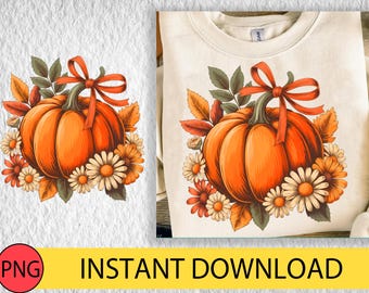 Floral Pumpkin PNG: Retro Fall Flowers Shirt Design (Digital Download)
