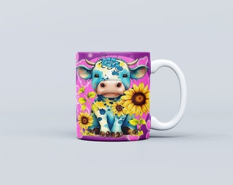 Linda envoltura de taza de vaca de las Tierras Altas, diseño de sublimación de taza de vaca bebé de 11 oz y 15 oz, taza de café de vaca y girasol de 11 oz y 15 oz, descarga digital