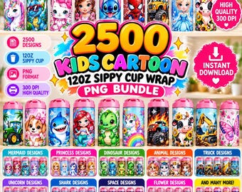 Pode incluir: Um pacote digital de 2500 designs de embalagens para copos infantis em formato PNG. A imagem exibe várias ilustrações coloridas de personagens, incluindo unicórnios, dinossauros, super-heróis, princesas e caminhões em modelos cilíndricos.