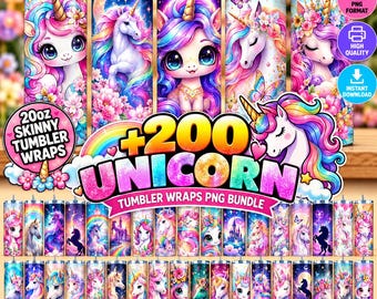 Unicorn 20oz Tumbler Wrap PNG Bundle, 200+ Cute Rainbow & Magical Unicorn Sublimation Designs, Digital Download
