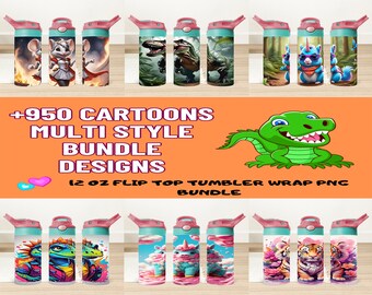 May include: A digital collection of 12 oz flip top tumbler wrap designs featuring 950 cartoon graphics. The bundle includes various character illustrations such as a mouse, dinosaur, unicorn, tiger, and crocodile printed on cylindrical tumblers.