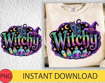Whimsical Witchy PNG, Halloween Shirt Sublimation Designs, Witchy Vibes Illustration, Ghosts, Pumpkins (Digital Download)