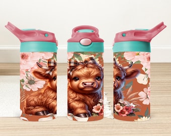 Diseño PNG para vaso con pajita y estampado floral de vaca de las Tierras Altas, 12 oz, sublimación (descarga digital)