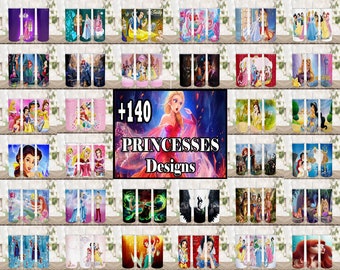May include: A collage of over 140 different designs featuring Disney princesses. The designs are printed on white tumblers. The designs include various princesses, such as Cinderella, Ariel, Belle, and Mulan.