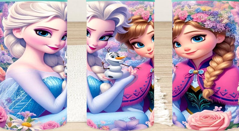 Może przedstawiać: Zestaw trzech termoizolacyjnych kubk&oacute;w z kolorową ilustracją postaci z filmu Kraina Lodu. Kubki przedstawiają Elsę, Annę i Olafa w zimowej scenerii.